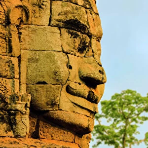 One of 216 smiling sandstone faces at 12th century Bayon, King Jayavarman VIIs last