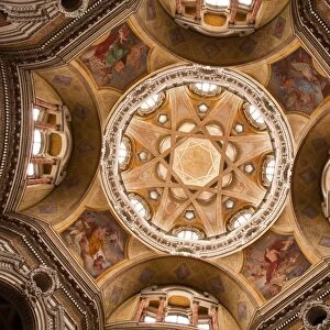 The complex geometrical baroque ceiling of San Lorenzo church, designed by the architect Guarino Guarini in the 17th century, Turin, Piedmont, Italy, Europe