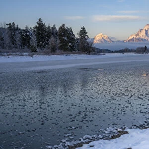 First light on Mount Moran at Oxbow Bend with reflection, Grand Teton National Park