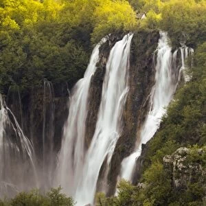Heavy flow of water into the canyon at a large waterfall after heavy rain, Plitvice