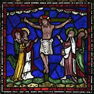 Medieval stained glass of The Crucifixion, Corona Redemption Window, East End, Corona I, Canterbury Cathedral, UNESCO World Heritage Site, Canterbury, Kent, England, United Kingdom, Europe