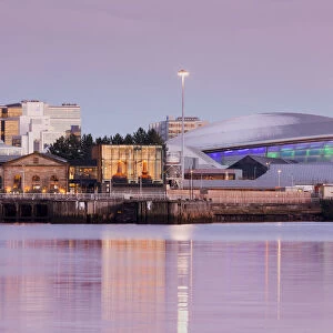Queens Dock, Old Pump House, Clydeside Distillery and Hydro, at dusk, Glasgow, Scotland