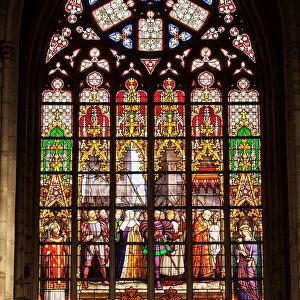 Stained glass window inside Cathedral of Saint Michael and Saint Gudula, Brussels, Belgium, Europe