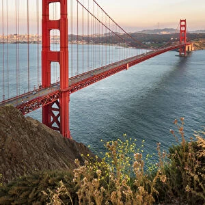 View of Golden Gate Bridge from Golden Gate Bridge Vista Point at sunset, San Francisco