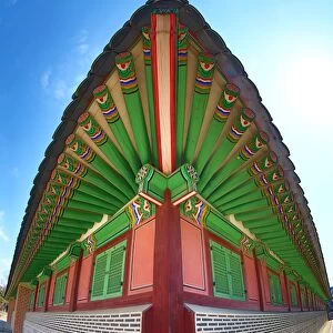 Wide angle Green wooden roof, Gyeongbokgung Palace, Seoul, Korea