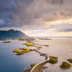 Aerial view of the Atlantic Ocean Road at sunset, More og Romsdal, Norway