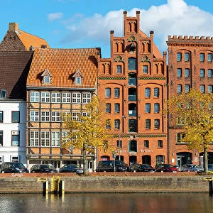Houses on riverfront of Trave river, Lubeck, UNESCO, Schleswig-Holstein, Germany