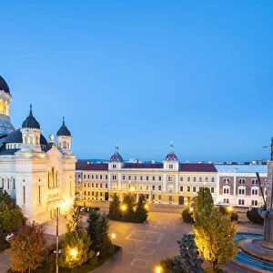 Romania, Transylvania, Cluj-Napoca. Avram Iancu Square and the Dormition of the Theotokos