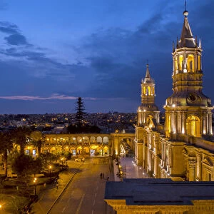 South America, Peru, Arequipa, main square at night