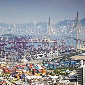 Stonecutters Bridge & container port with Hong Kong Island in background, Hong Kong