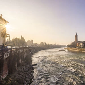 Verona, Italy, Europe. Sunrise from Ponte Pietra with Adige river