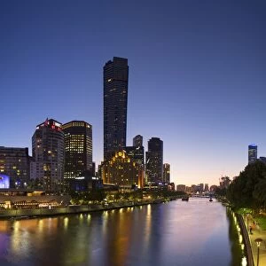 View of Eureka Tower and skyline along Yarra River at dusk, Melbourne, Victoria