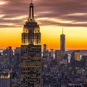Top view at sunset of the Empire State Building with One World Trade Center in the