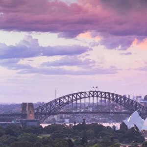 View of Sydney Harbour Bridge and Sydney Opera House at sunset, Sydney, New South Wales