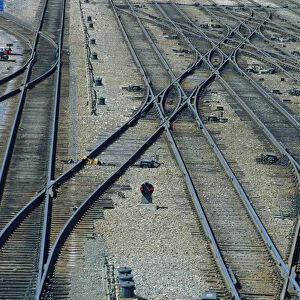 Elevated view railroad switching yard tracks
