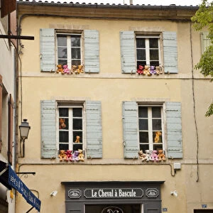 France, Provence, St. Remy-de-Provence. Colorful teddy bears on outside ledges of shop windows