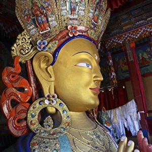 India, Ladakh, Thiksey, golden Maitreya Buddha inside Thiksey Monastery (Gompa)