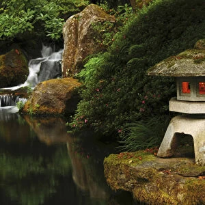 Lit Pagoda and Waterfall, Portland Japanese Garden, Portland, Oregon, USA