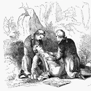 ALEXANDER HAMILTON (1755-1804). American politician. Death of Alexander Hamilton after his duel with Aaron Burr at Weehawken, New Jersey, 11 July 1804. Wood engraving, American, 19th century