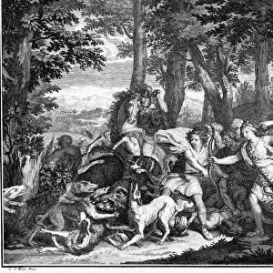 ATALANTA AND MELEAGER. Hunting the boar. Copper engraving, Dutch, 18th century, after a painting by Charles Le Brun (1619-1690)