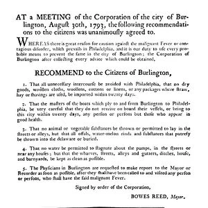 Broadside on the Yellow Fever epidemic in Philadelphia, posted in Burlington, New Jersey, 1793