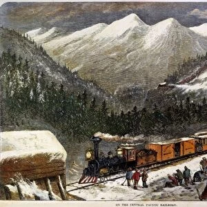 CHINESE LABOR: RAILROAD. Chinese laborers at snow sheds on the Central Pacific Railroad in California: colored engraving, c1868