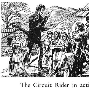CIRCUIT RIDER. A Circuit Rider preaching to pioneers in the American West. Wood engraving, American
