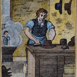 COLONIAL HATTER. A colonail American hatter: colored line engraving, late 18th century