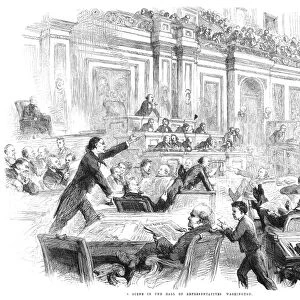 CONGRESS, MARCH 1861. Thaddeus Stevens, Republican congressman from Pennsylvania, left, speaks in the Hall of Representatives, Washington, D. C. March 1861. Wood engraving from a contemporary English newspaper