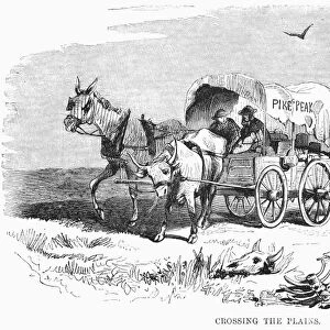 Crossing the Plains. Gold seekers (Fifty-Niners) on their way to Pikes Peak in the Kansas and Nebraska Territories. Line engraving, 1859