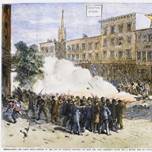 GREAT RAILROAD STRIKE, 1877. Private police of the Scranton Iron and Coal Company firing on a mob of striking miners on Lackawanna Avenue, Scranton, Pennsylvania, during the Great Railroad Strike, 1 August 1877. Contemporary American wood engraving