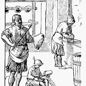 HATTERS, 16th CENTURY. Line engraving after a 16th century woodcut by Jost Amman