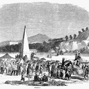 HONG KONG: ROAD TRAVEL. Crowds in Hong Kong on their way to a horse racing event in 1858. Contemporary English wood engraving
