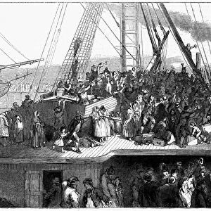 IRISH IMMIGRANTS SHIP, 1850. The Irish immigrants aboard ship to America in the mid-19th century. Wood engraving from an English newspaper of 1850