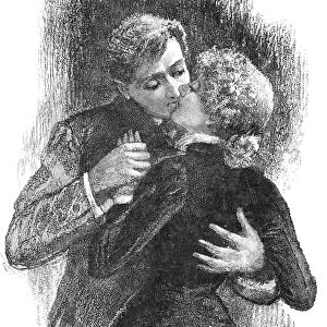 KISS, 1889. His gratitude, his repentance, his silent farewell were all expressed in a last kiss. Wood engraving, English, 1889