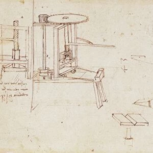 Leonardo da Vincis diagram of a typographical press with automatic page-feeder. Manuscript, c1480-1482