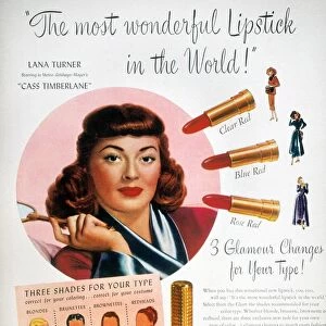 MAX FACTOR LIPSTICK AD. Endorsed by the movie star Lana Turner, from an American magazine of 1948