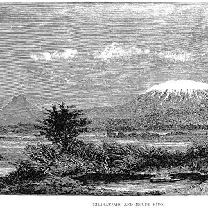 MOUNT KILIMANJARO, 1884. Mount Kilimanjaro and its highest peak, Kibo, the highest point in Africa. Wood engraving, English, 1884