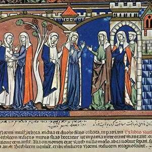 RUTH ACCOMPANYING NAOMI to Bethlemen (Ruth I: 14-19): French ms. illumination, c1250
