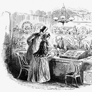 SHOPPING FOR WEDDING RING. Bertha is declared to have a remarkably small finger. Wood engraving, English, mid-19th century