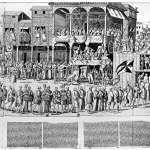 SPANISH INQUISITION. Condemned heretics wearing sanbenito robes showing scenes of hell, being led single file to be burned at the stake (far right). German engraving, 17th or 18th century