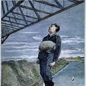 STEVE BRODIE (c1863-c1901). Daredevil Steve Brodie successfully leaping into the Hudson River from the Poughkeepsie Bridge on 9 November 1888. Wood engraving from the Police Gazette