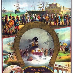 TRAVEL POSTER, c1882. Poster wishing luck to travelers, with scenes of immigrants arriving by steamship, a man and mule pulling a boat down a canal, two bandits on horseback robbing travelers, and a train arriving in the snow. At the bottom are two vignettes of the interior of world famous dining car and interior reclining chair car. Lithograph, c1882