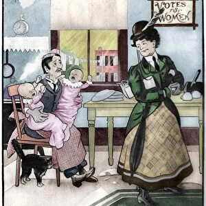 WOMENs RIGHTS, 1909. Election Day! A suffragette leaving two infant children in the care of her husband as she prepares to go out. American cartoon by E. W. Gustin, 1909, satirizing the womens suffrage movement