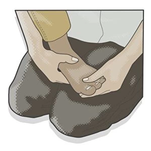 Digital illustration of woman kneeling massage foot and toes