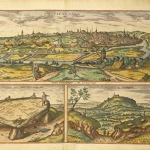 Dolmen near Poitiers and city of Poitiers and Montherre from Civitates Orbis Terrarum by Georg Braun, 1541-1622 and Franz Hogenberg, 1540-1590, engraving