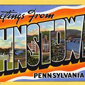 Greeting Card from Johnstown, Pennsylvania. ca. 1939, Johnstown, Pennsylvania, USA, Johnstown, the cradle of the steel industry, has contributed to the development and expansion of steel throughout the world. Johnstown developed and advanced the Bessemer process, (the Pioneer Converter is displayed at Bethlehems office, Locust St. ) the three-high roll system, refinements in Open Hearth Process, and numerous other processes. The most recent development Bethanizing, an advanced method of applying zinc coating to metal bases