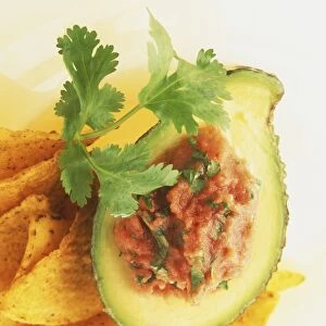 Halved avocado filled with fresh tomato coulis, served with tortilla chips and parsley sprig, close up