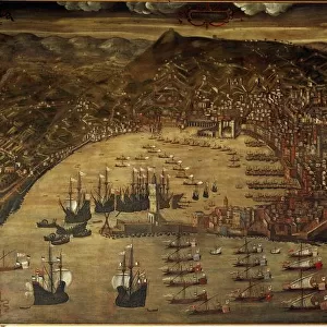 Italy, Genoa, port and naval parade commemorating Battle of Otranto in 1481 by Cristoforo Grassi, 1597, copy of older picture from end of 1400s