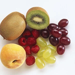 Kiwi Fruit, Raspberries, Peach and Grapes
